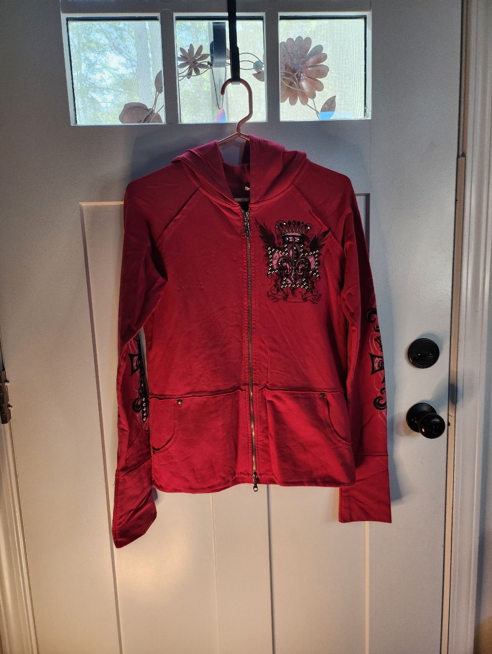 Women’s Pink Zip-Front Utility Hoodie Jacket with Embellished Crest